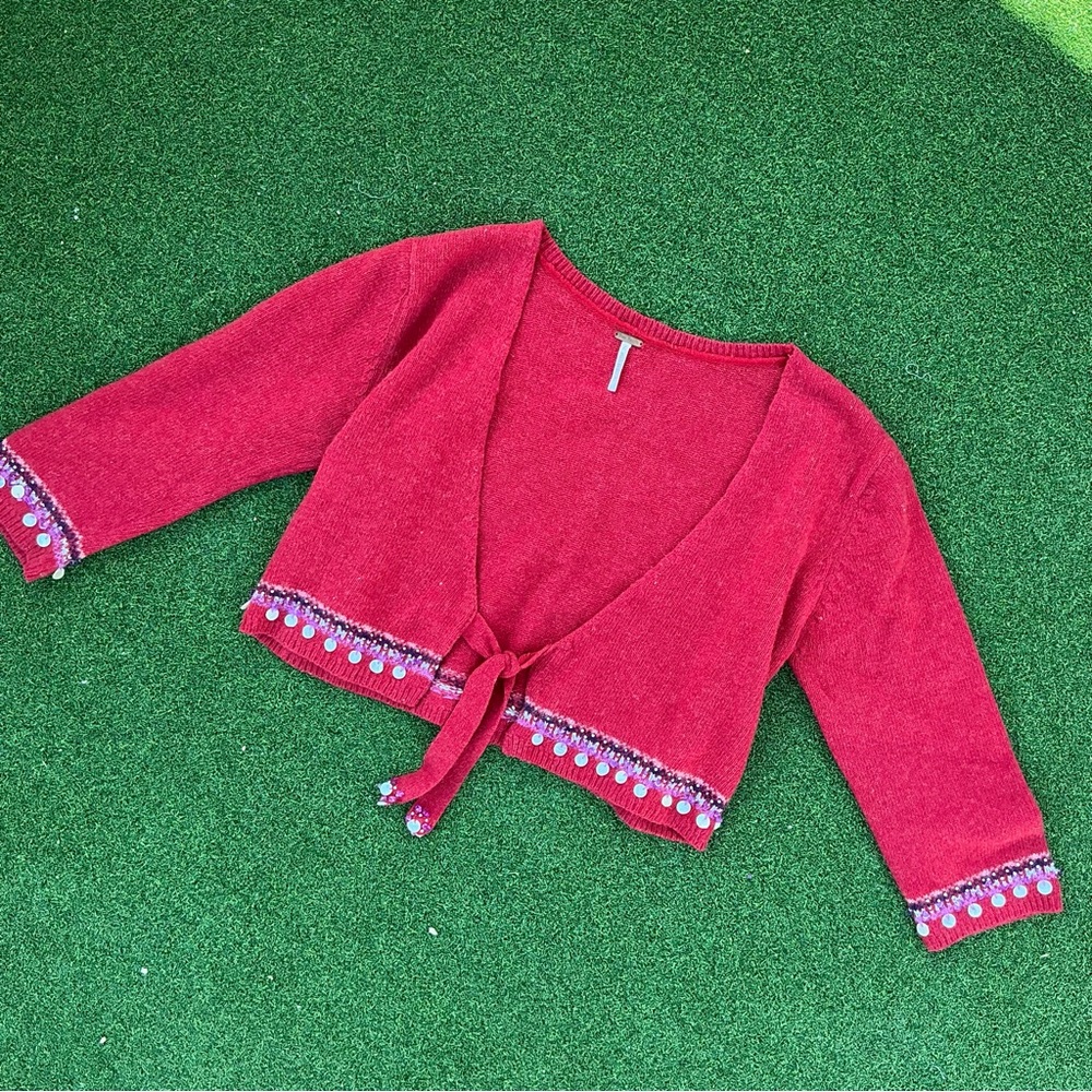 Free people knit tie front Red Women's Sweater with Embellished Trim wool blend